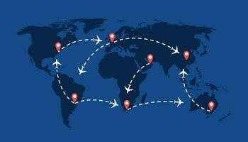 mundo viaje mapa con aviones, vuelo rutas y patas marcador. vector ilustración.