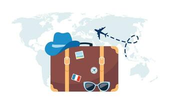 Retro suitcase, hat and sunglasses on world map background. Time to travel text. Travel concept for poster, banner. Vector illustration.