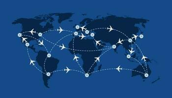 World travel map with airplanes, flight routes and pins marker. Vector illustration.