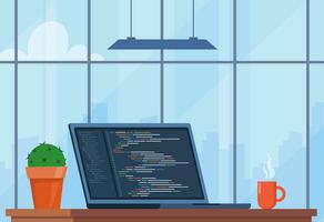 Laptop with cup of coffee and plant in pot. Workplace of coder, online programmer. Coding and programming. Workplace with modern interior, panoramic windows, cityscape behind. Vector illustration.