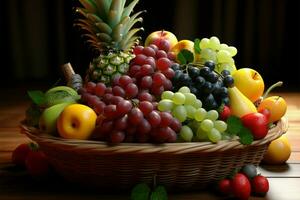 A basket filled with an assortment of colorful and fresh fruits AI Generated photo