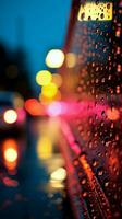 Abstract night scene window with colorful raindrops, blurred city lights Vertical Mobile Wallpaper AI Generated photo