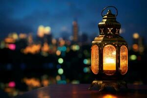 ramadán esencia linterna, fechas, y ciudad bokeh debajo noche cielo ai generado foto