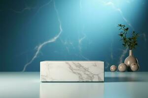 elegante mármol pedestal para cosmético producto presentación, un blanco lona ai generado foto