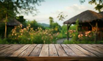 mesa en naturalezas abrazo de madera superficie, jardín, y pequeño casa ai generado foto