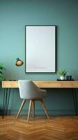 Workspace interior features an empty photo frame mockup on the wall Vertical Mobile Wallpaper AI Generated