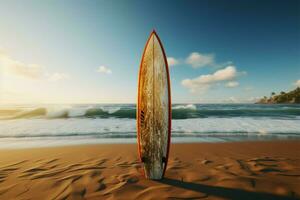 playa ligado tablas de surf conjunto el etapa para acuático excitación, interminable olas ai generado foto