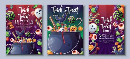 Set of flyer template with cauldron of sweets. Halloween party. Trick or treat. Party invitation design. vector