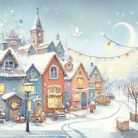 watercolor beautiful winter cute town landscape with snow covered houses. Watercolor painting. cityscape photo