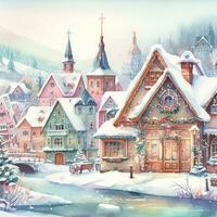 watercolor beautiful winter cute town landscape with snow covered houses. Watercolor painting. cityscape photo