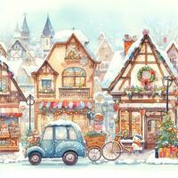 watercolor beautiful winter cute town landscape with snow covered houses. Watercolor painting. cityscape photo