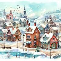 watercolor beautiful winter cute town landscape with snow covered houses. Watercolor painting. cityscape photo