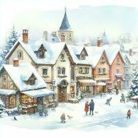 watercolor beautiful winter cute town landscape with snow covered houses. Watercolor painting. cityscape photo