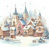 watercolor beautiful winter cute town landscape with snow covered houses. Watercolor painting. cityscape photo