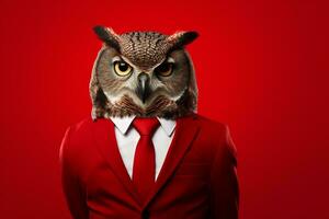 Owl in a business suit and tie on a red background. Ai Generated photo