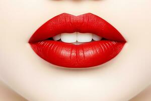 Close up shot of beautiful female lips with red lipstick. Beauty, fashion. Ai Generated photo