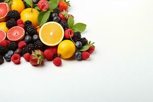 Fruits and berries on white background. Healthy food background. Ai Generated photo