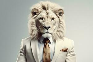 Portrait of a lion in a suit and tie on a gray background Ai Generated photo