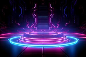 Abstract neon background with round podium. Futuristic style. illustration. Ai Generated photo