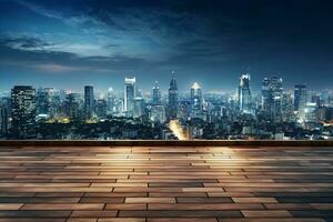 madera piso y paisaje urbano de a noche, ai generado foto