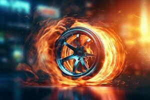 Car wheel on fire background. 3d rendering toned image double exposure photo