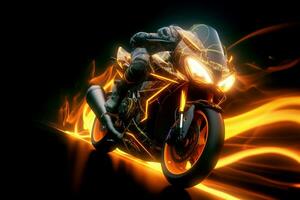 motociclista en un casco con un motocicleta en fuego. 3d representación ai generado foto