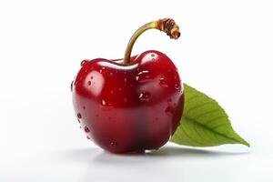 Cherries with leaves on a wooden table with copy space. Ai Generated photo