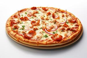 Pizza con salami, queso Mozzarella queso, Tomates y hierbas en negro antecedentes ai generado foto