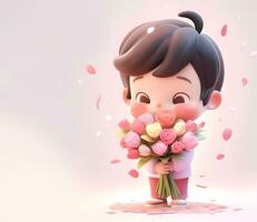 AI Generated Cute little boy holding a bouquet of flowers in Mothers Day. International Women's Day. photo