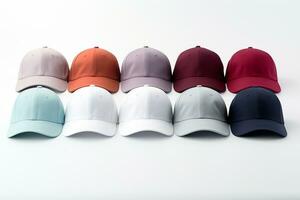 Colorful baseball caps on white background. Clipping path included. Ai Generated photo