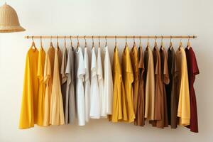 Women's clothes on a hanger in a room with white walls Ai Generated photo