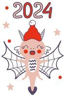 Happy New Year 2024 template with kawaii flying dragon cartoon character. Perfect for tee, poster, card, sticker. vector