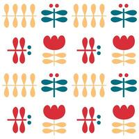 Aesthetic seamless pattern with flying dragonflies and tulips flowers. Floral print for tee, paper, fabric, textile. vector