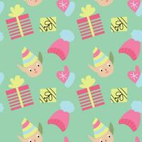 Elf with gifts and knitted hats and mittens. Seamless pattern. Vector illustration.