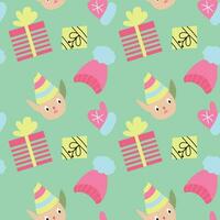 Elf with gifts and knitted hats and mittens. Seamless pattern. Vector illustration.