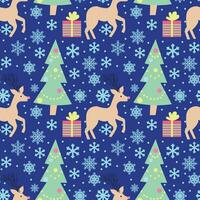 Christmas tree with deer and gifts. Seamless pattern. Vector illustration.