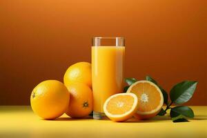 jugoso estético Fresco naranja Fruta y jugo en un pastel antecedentes ai generado foto