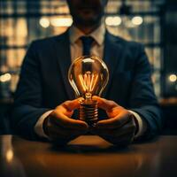 Office executive holds light bulbs, sparking innovation and inspiration For Social Media Post Size AI Generated photo