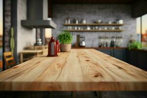 Wood tabletop resting on a blurred kitchen countertop surface AI Generated photo