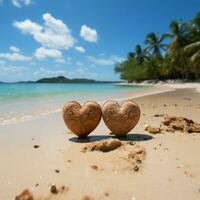 playa afecto dos corazones escrito en arenoso apuntalar con tranquilo tropical fondo para social medios de comunicación enviar Talla ai generado foto