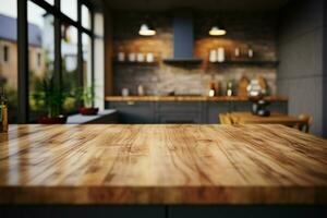 Blurred kitchen counter with a wooden tables top in view AI Generated photo