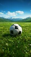 fútbol campos esencia capturado con un prominente fútbol pelota vertical móvil fondo de pantalla ai generado foto