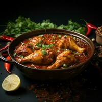 un Agua en la boca plato presentando oferta pollo piernas en picante condimento para social medios de comunicación enviar Talla ai generado foto