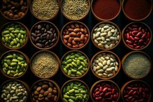 Assorted beans neatly placed in small wooden vessels, seen from above AI Generated photo
