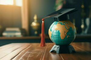 Graduation cap with globe Emblem of global education, study abroad AI Generated photo