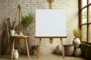 Scandinavian boho interior with an empty canvas on a wooden easel AI Generated photo