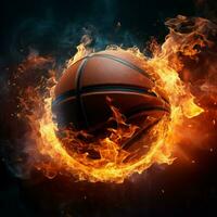 Flaming basketball swiftly approaches the hoop for an impressive score For Social Media Post Size AI Generated photo