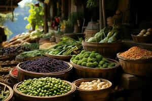 bullicioso mercado, cestas cargado con Fresco producir, un animado escena ai generado foto