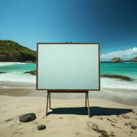 blanco cartelera en el playa con mar en el antecedentes para social medios de comunicación enviar Talla ai generado foto