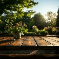 Natures showcase Vacant wooden table in park, ready for product displays amidst greenery For Social Media Post Size AI Generated photo